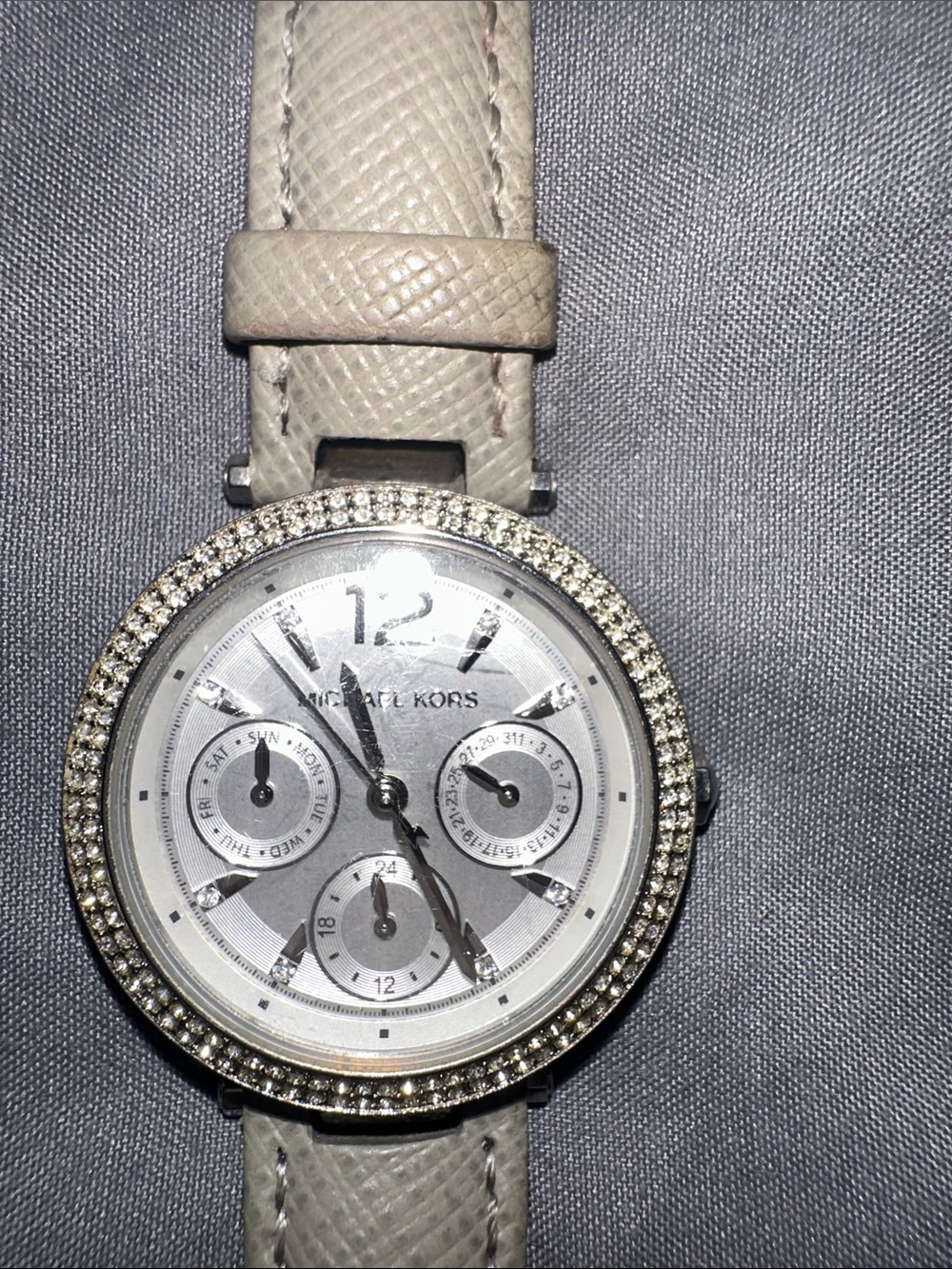 Michael Kors Silver Dial Crystal Bezel Watch with Light Beige Strap - Picture 2 of 3